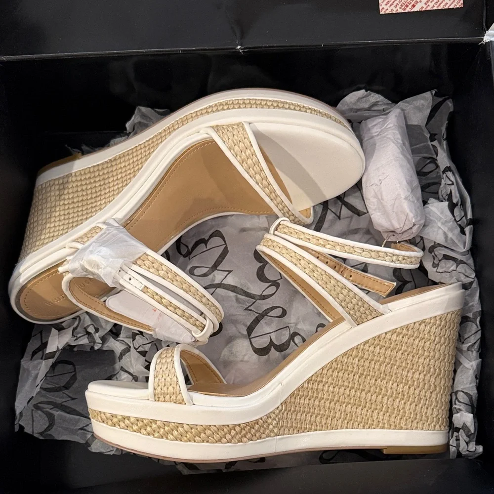 White House Black Market Woven Wedge Sandals - Cream and Tan